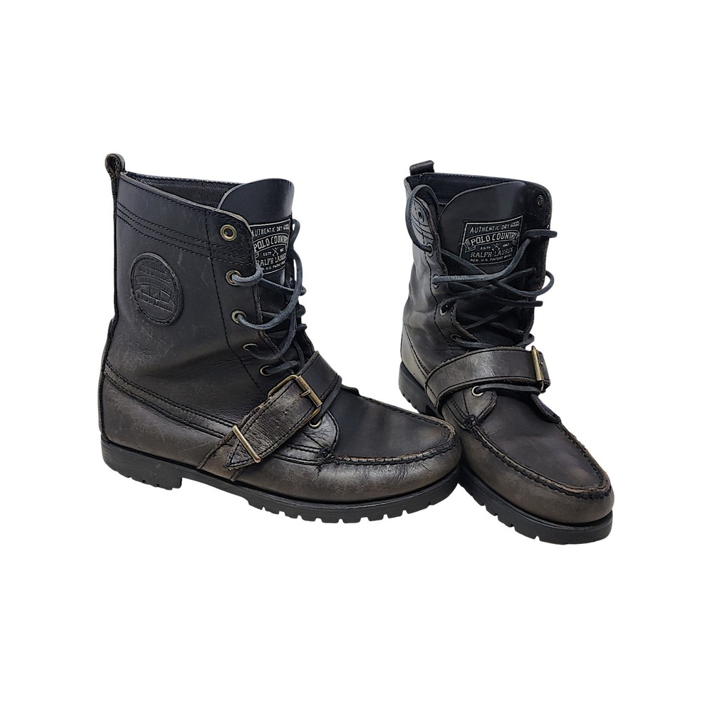 Polo Ralph Lauren Ranger Boots 8.5 Country Black Leather Buckle Combat RLZ 4648